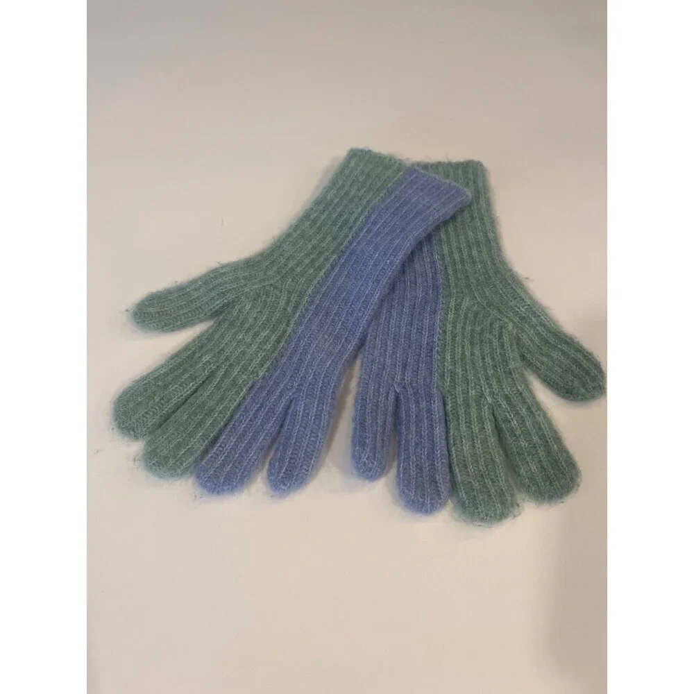 Anthropologie Two-Tone Ribbed Knit Gloves In Green & Blue Soft Wool Blend Womens